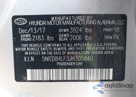2018 Hyundai Elantra Sel z USA, uszkodzony, nr VIN 5NPD84LF3JH305840